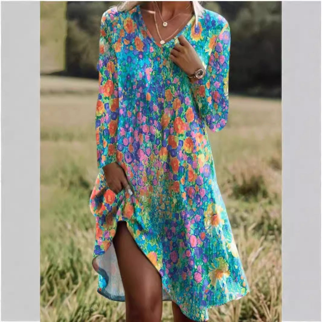 Dam Klänning V-ringad A-linjeformad Bomull Polyester-2