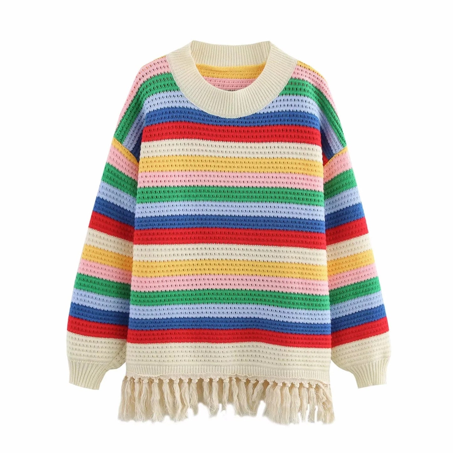 Stickad Tröja Dam Randig Med Fransar i Mjuk Akryl 1