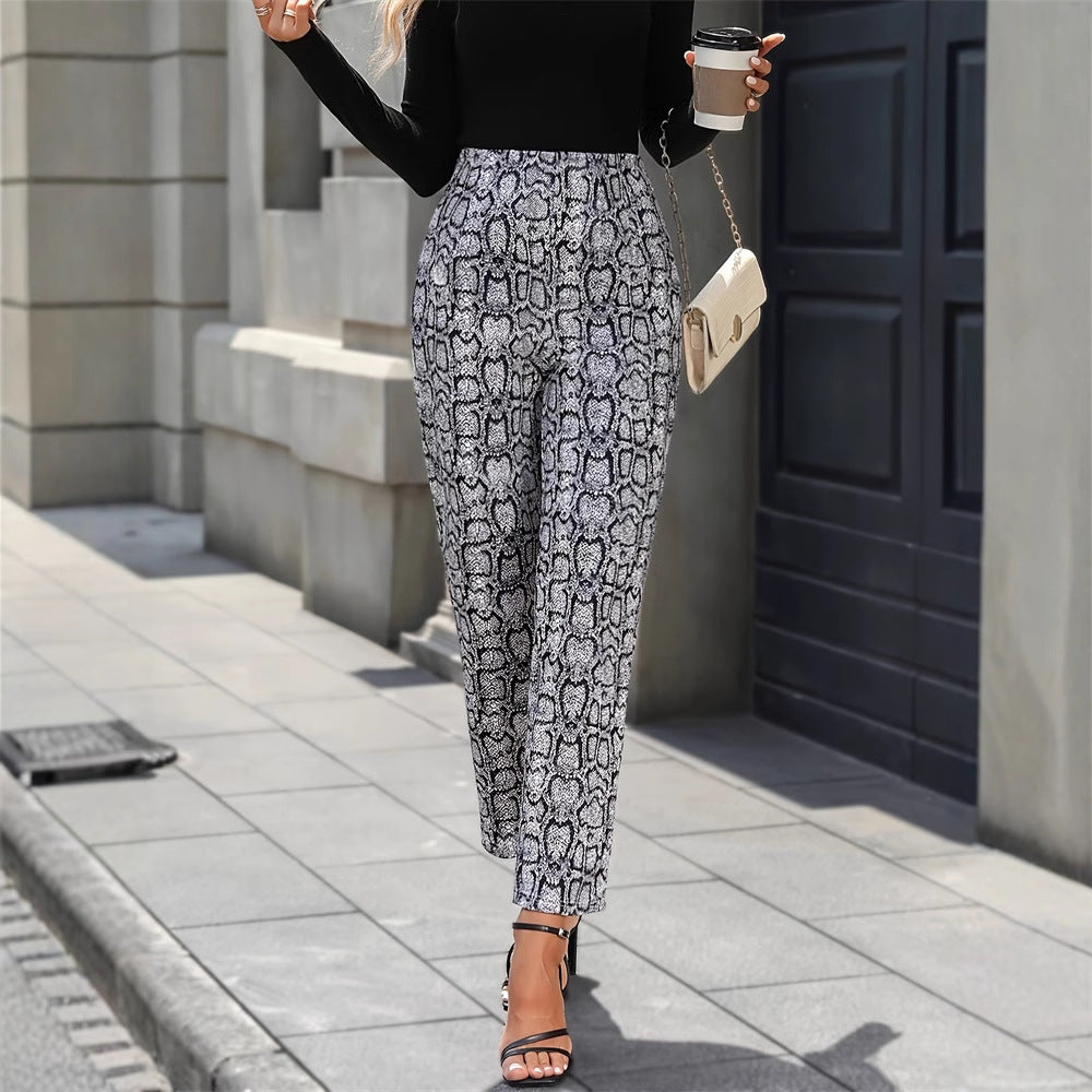Snygga Byxor Dam Hög Midja Ormmönster i Elastan – Figurflatterande och Bekväma, Perfekta för Vardag och Fest 5