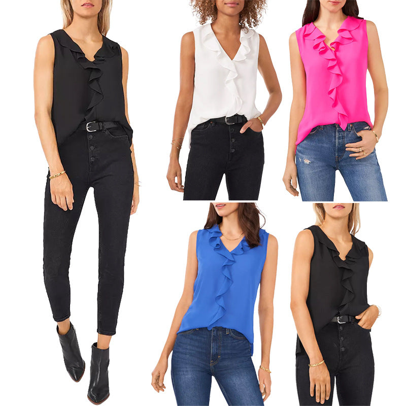 Dam Ärmlös Top V-hals Volangdetaljer Polyester-2