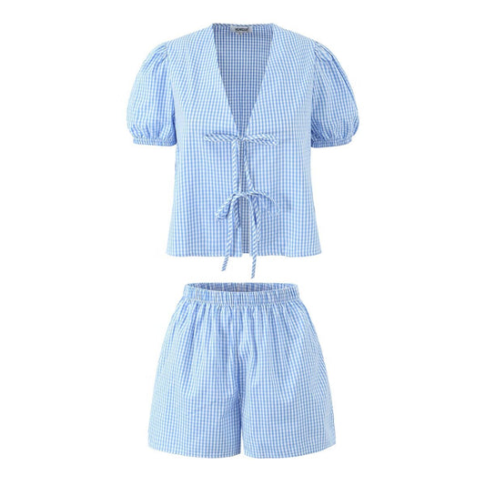 Dam Shorts Set Rutig Design 100% Bomull TrekvartsÀrmar-1