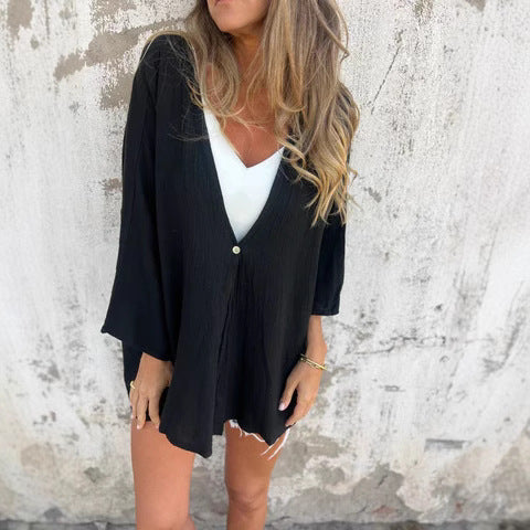 Dam Cardigan Kortärmad Löst Passform Polyester V-hals-2