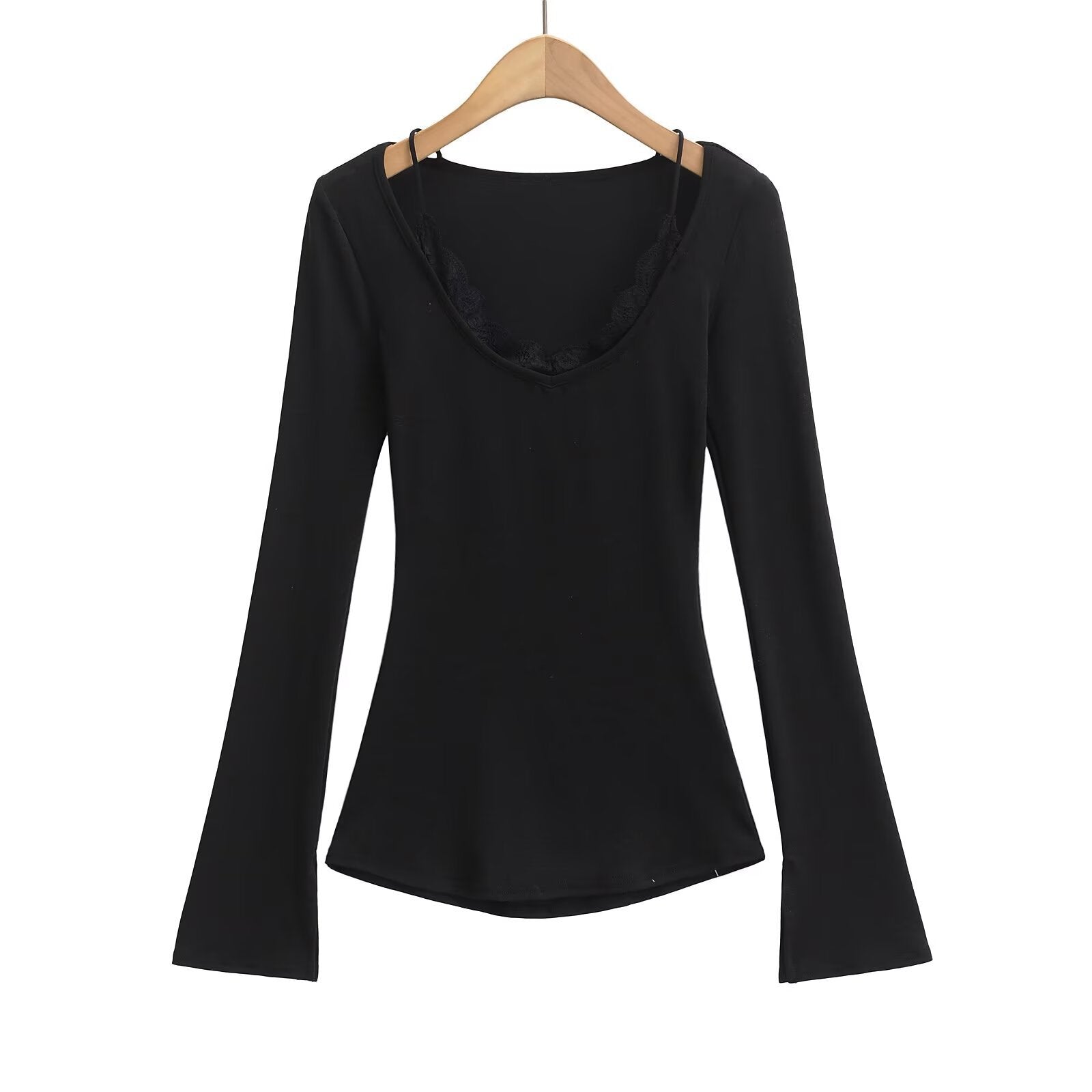 Långärmad Topp med V-ringning i Mjuk Bomullsmix – Figur-hugging Passform och Utställda Ärmar, Flera Färger 8
