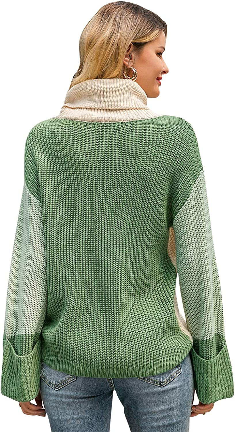 Stickad Dam Tröja Turtleneck Färgblock Akryl-3