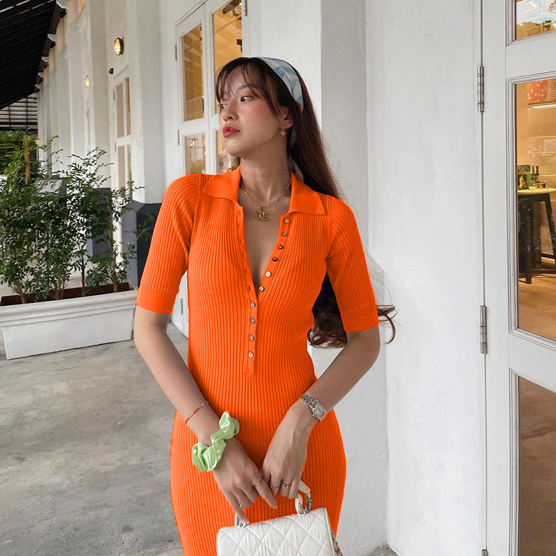 Kvinnors Klänning Rak Skärning Polyester Med Knappfront och Elastisk Midja-6