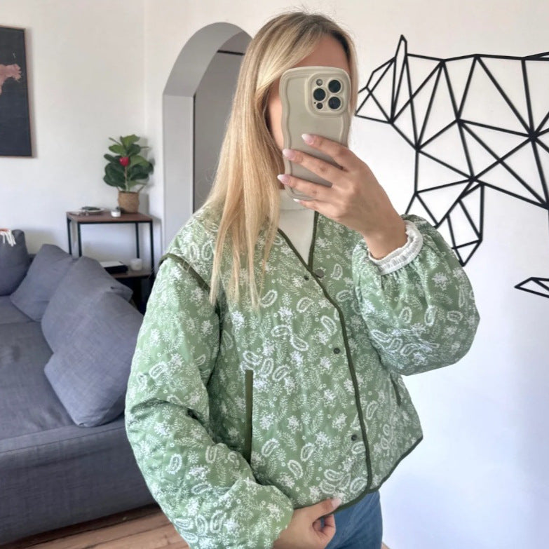 Kvinnor Quiltad Jacka Blommönster Hållbart Material-4