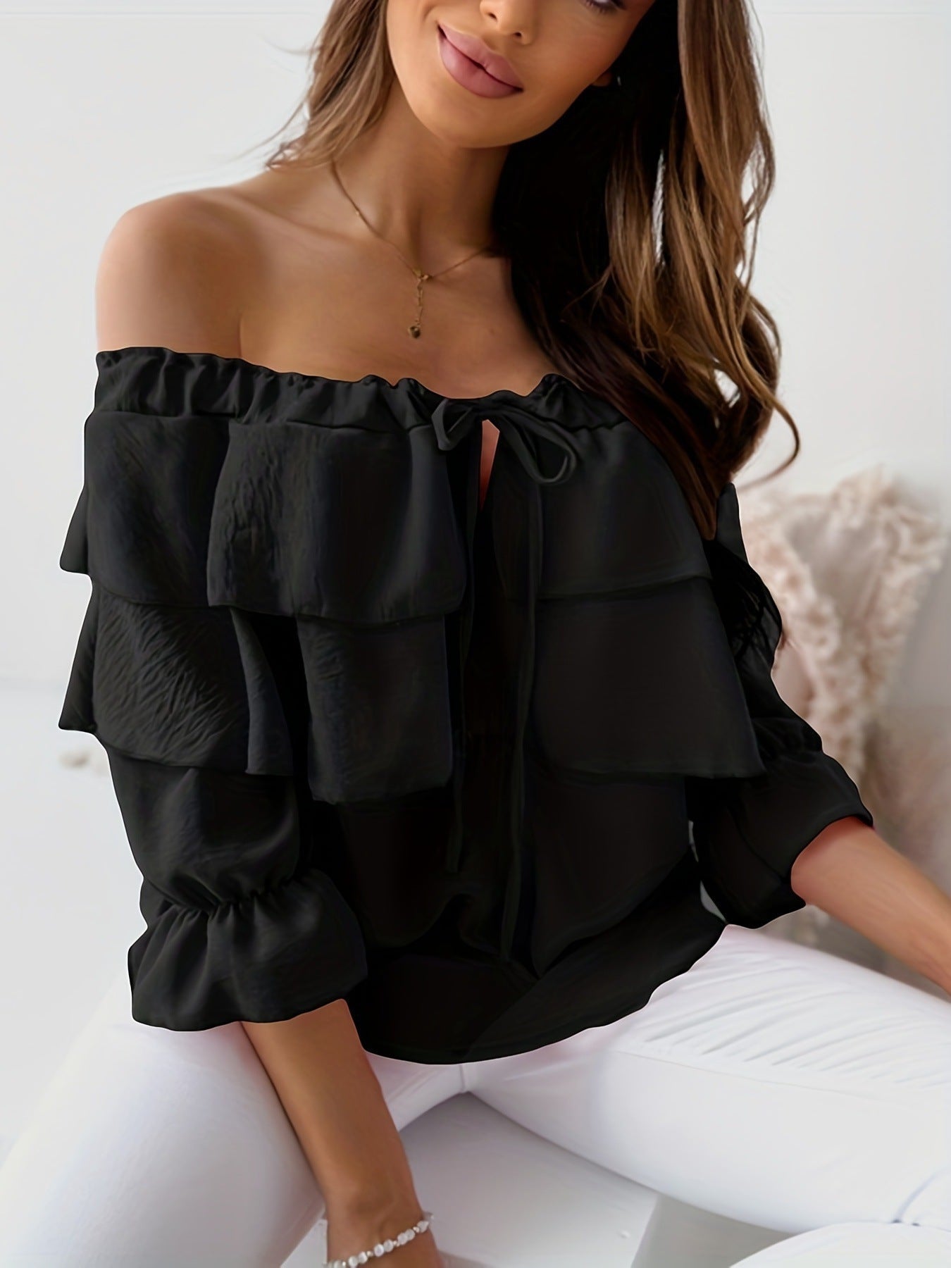 Dam Skjorta Ruffle Kortärmad Polyester Spandex-6