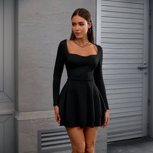 Kvinnors Miniklänning A-Linjeformad med Kvadratisk Krage Högkvalitativt Tyg-1