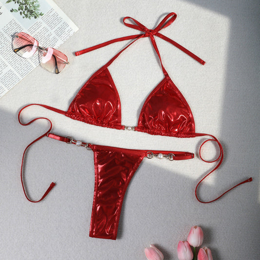 Dam Bikini Skimrande Design med Pärldetaljer i Elastiskt Material-1