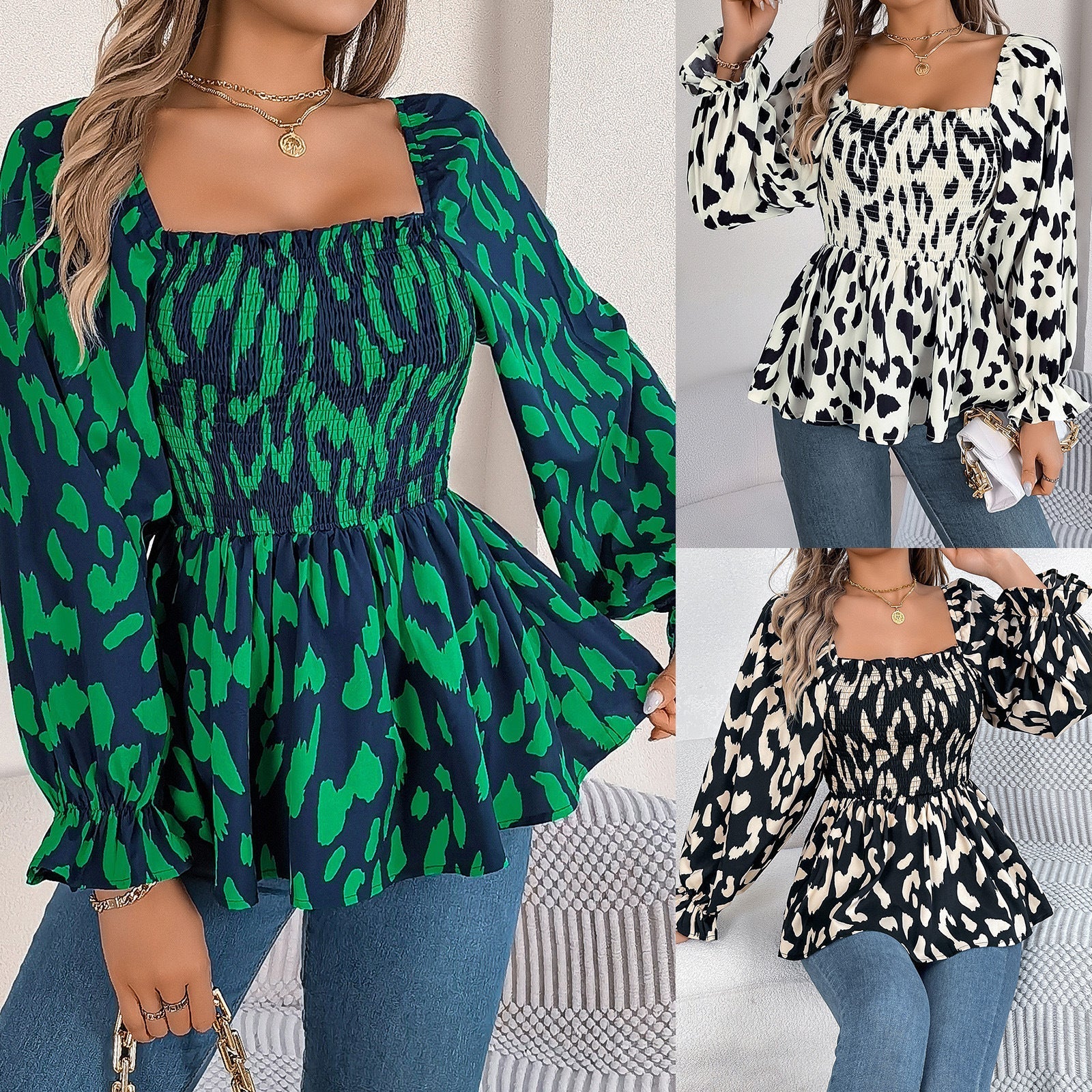 Dam Långärmad Blus Rynkad Kant Chiffon Leopardmönster-2
