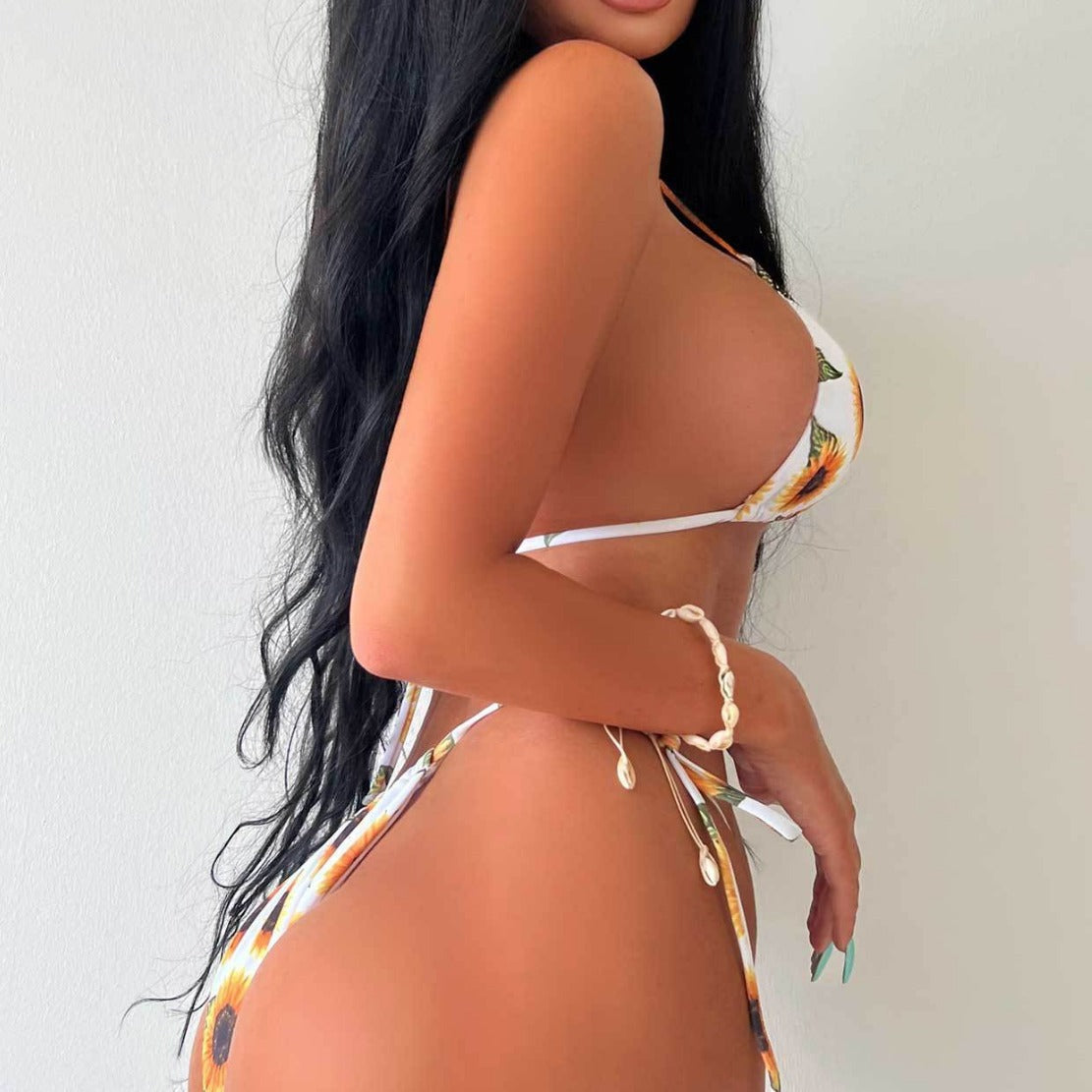 Dam Triangelbikini Solrosmönster Justerbara Remmar Mjukt Material-2