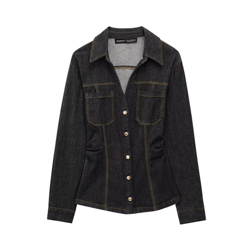 Dam Denim Set Högmidjade Jeans Skjorta 3D Effekt-1