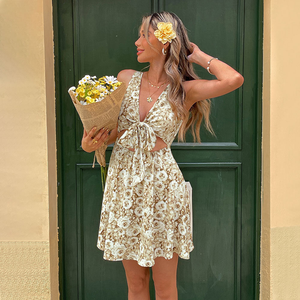 Dam Mini Kjol Blommig V-Hals Slim Fit Polyester-2