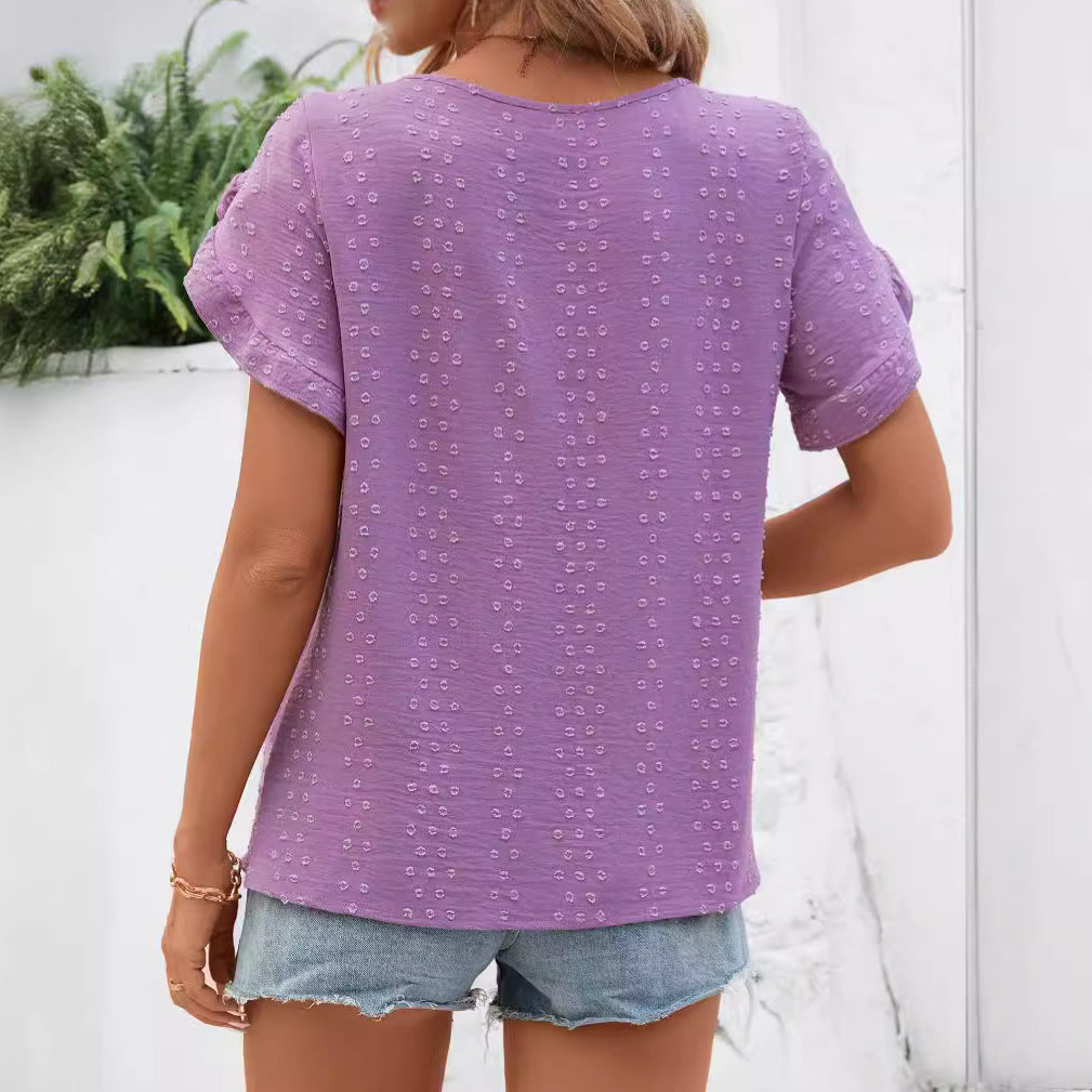 Dam Ruffle Skjorta Jacquard Korta Ärmar Polyester 3