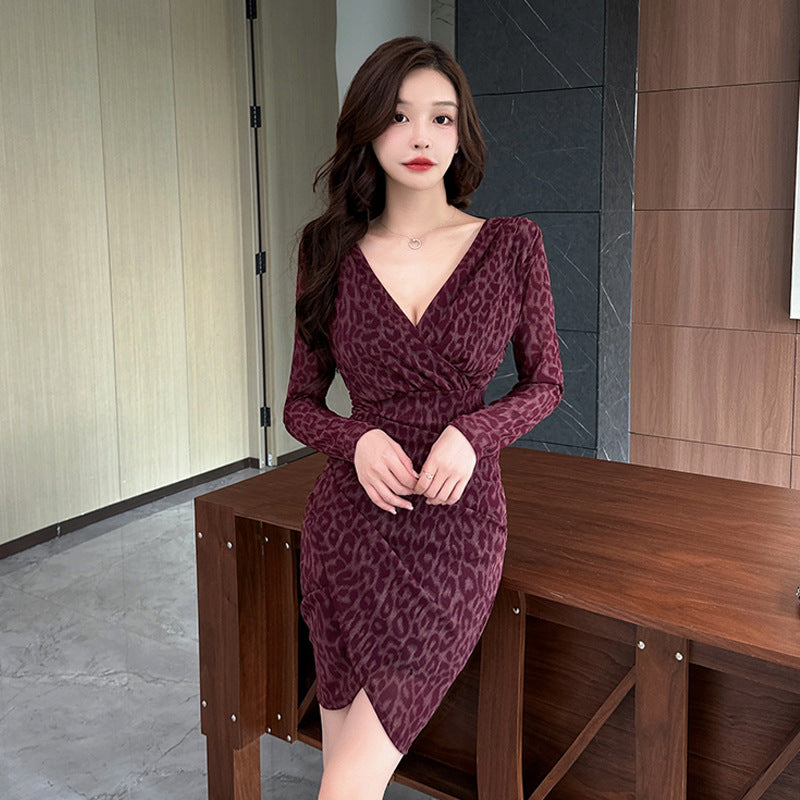 Variant image for Damklänning Mini Leopardmönster V-ringad Långärmad Polyesterblandning-9