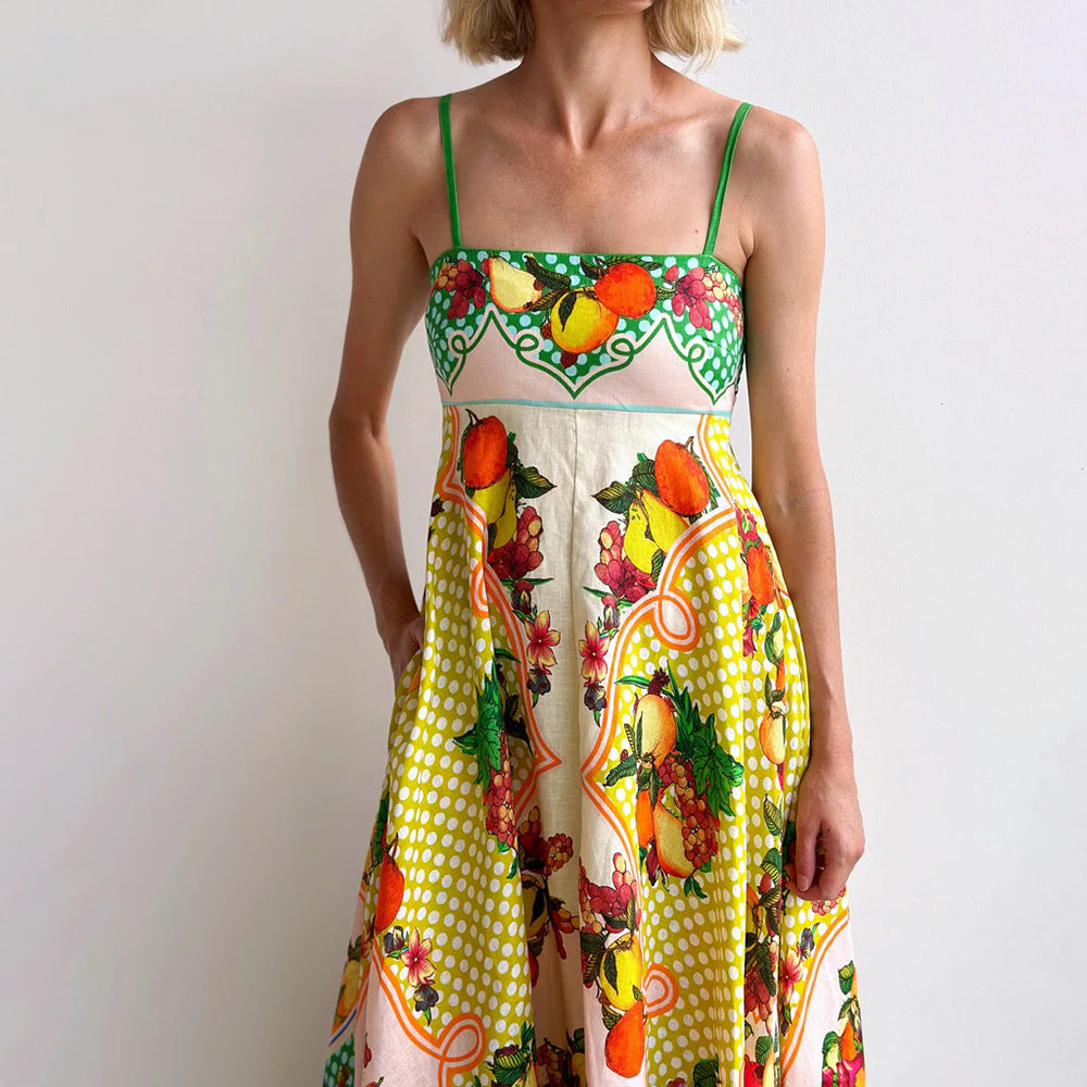 Kvinna Midi Klänning Frukttryck A-linjeformad Blandning av Tyger-3