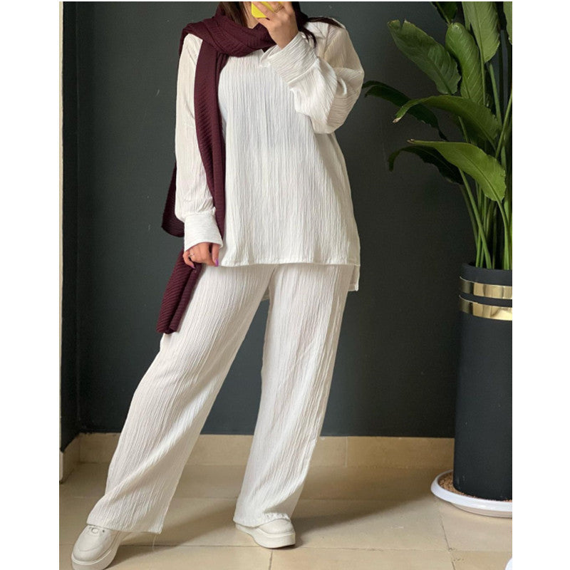Dam Långärmad Skjorta Löst Passande Byxor Polyester Urban Stil-3