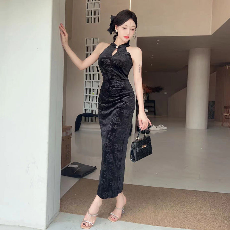 Dam Off-Shoulder Bodycon Klänning Cheongsam Stil Polyester-3