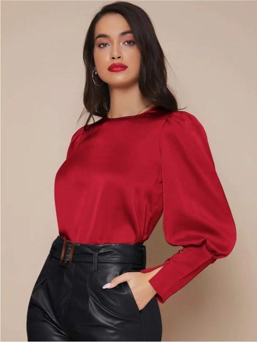 Dam Blus Lanternärmar Satin Löst Passform-5
