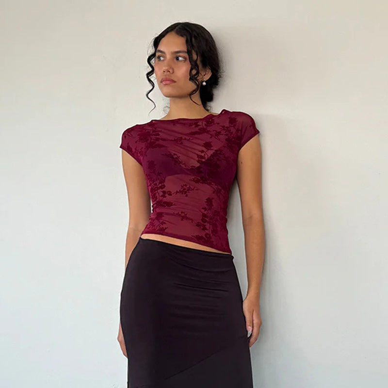 Kvinnors Blommönstrad Topp Transparent Andningsbart Tyg 5