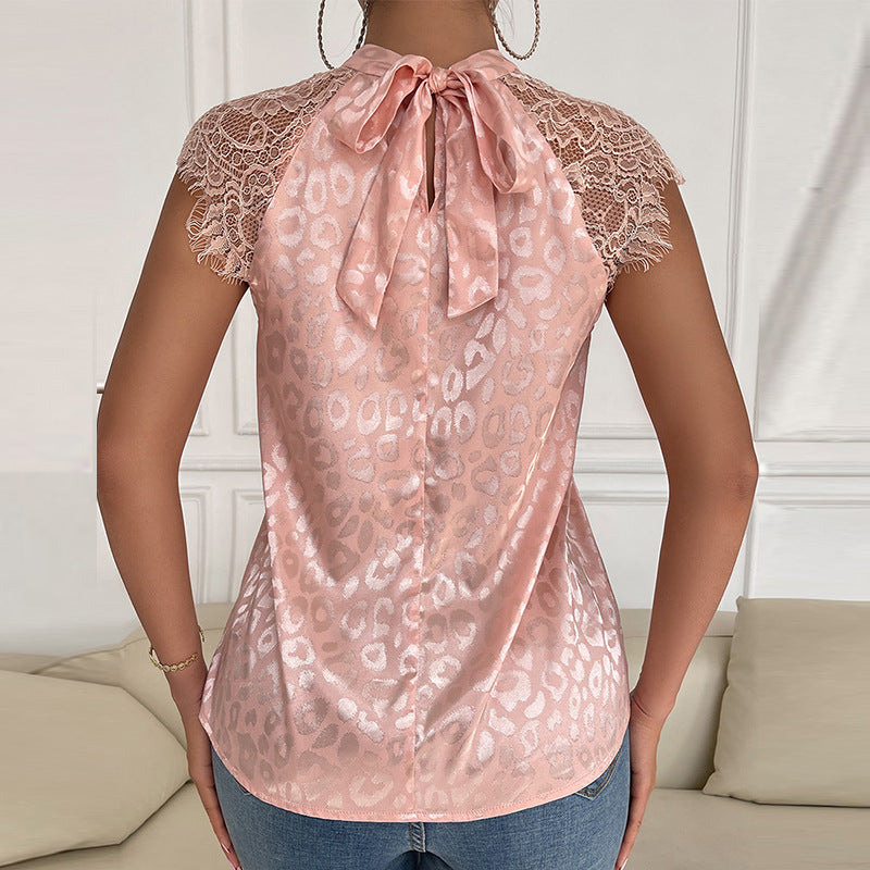 Blus Dam Leopardmönstrad med Halvhög Krage och Spetsärmar Polyester-4