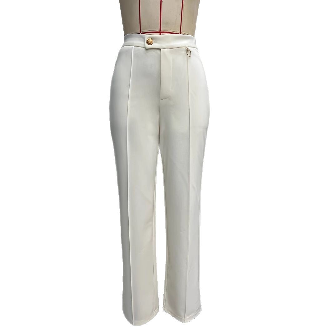 Kvinnor Palazzo Byxor Hög Midja med Knappdetaljer och Sidospår i Andningsbart Material-6