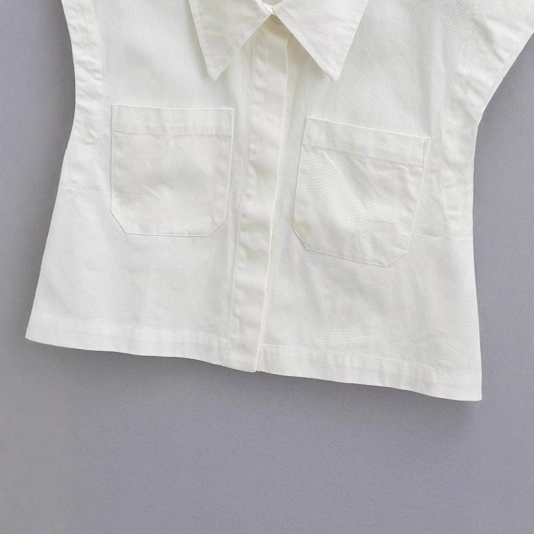 Kvinnors Ärmös Topp Klassisk Krage Lätt Material med Fickor 4