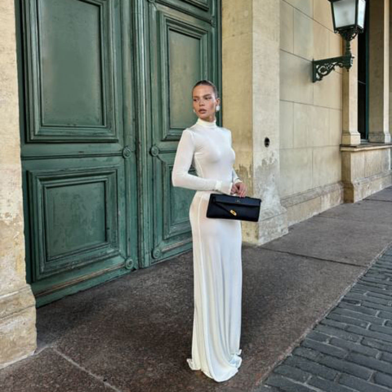 Dam Maxiklänning Figurbetonad Hög Krage Andningsbart Tyg-2