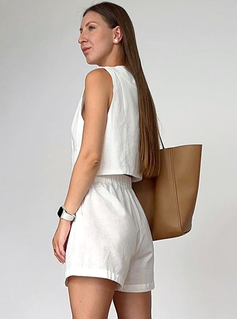 Dam Tvådelad Outfit Ärmlös Väst Högskurna Shorts Högkvalitativt Material-3