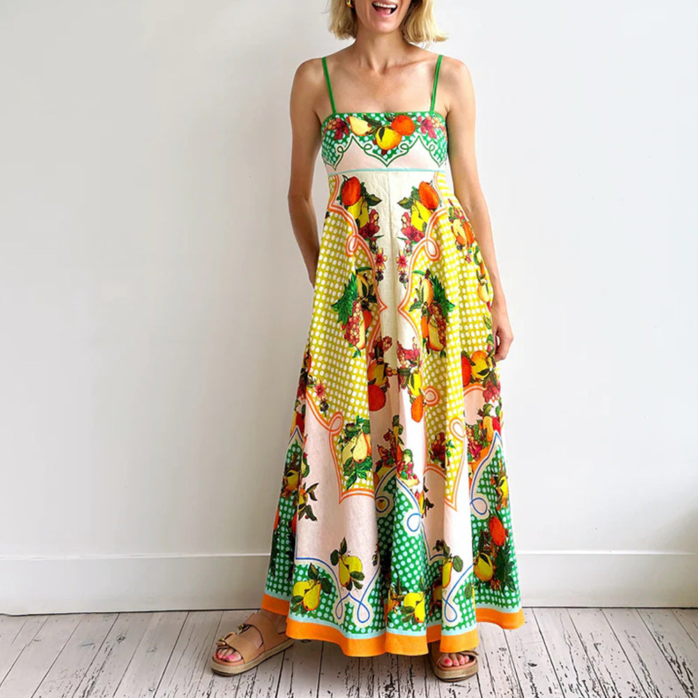 Kvinna Midi Klänning Frukttryck A-linjeformad Blandning av Tyger-2