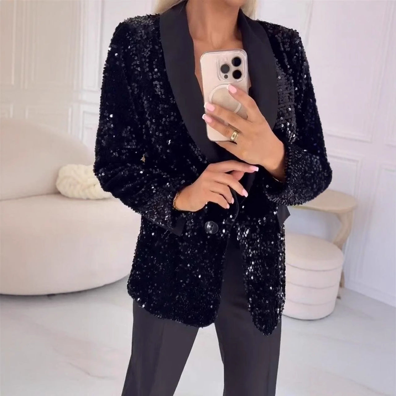 Dam Blazer med Paljetter Reverskrage Polyester Spandex-2