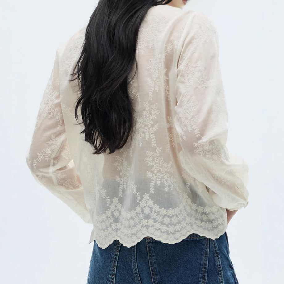 Långärmad Blus Dam Broderad Tencel Chiffon Elegant 2