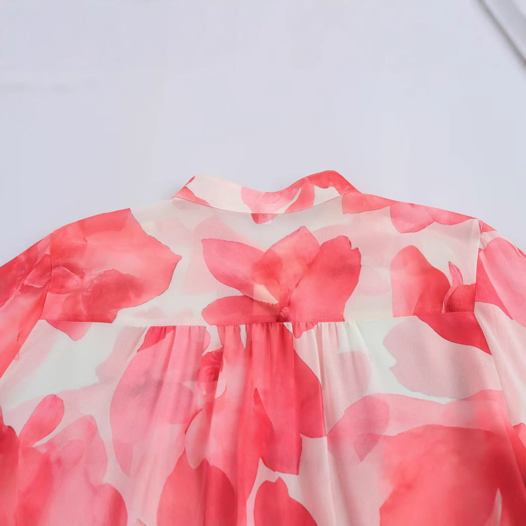 Dam Blus Chiffong Rynkor Långa Ärmar-4