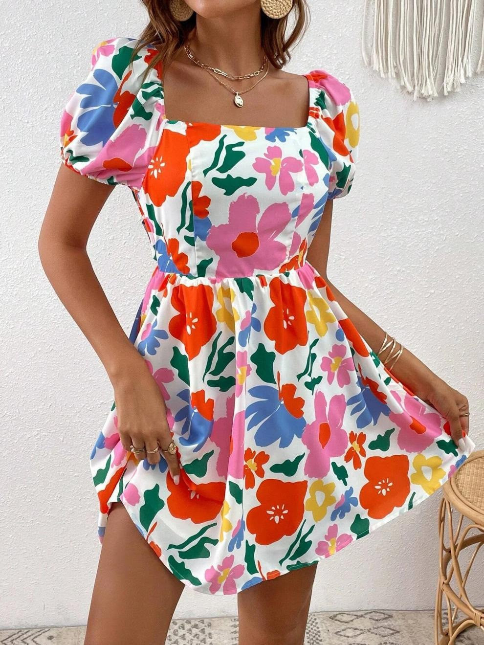 Damklänning A-linje V-ringad Blommig Polyester-1