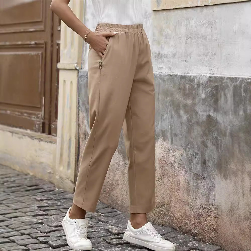 Dam Fritidsbyxor Elastiskt Midjeband Lätt Tyg med Sidfickor 5