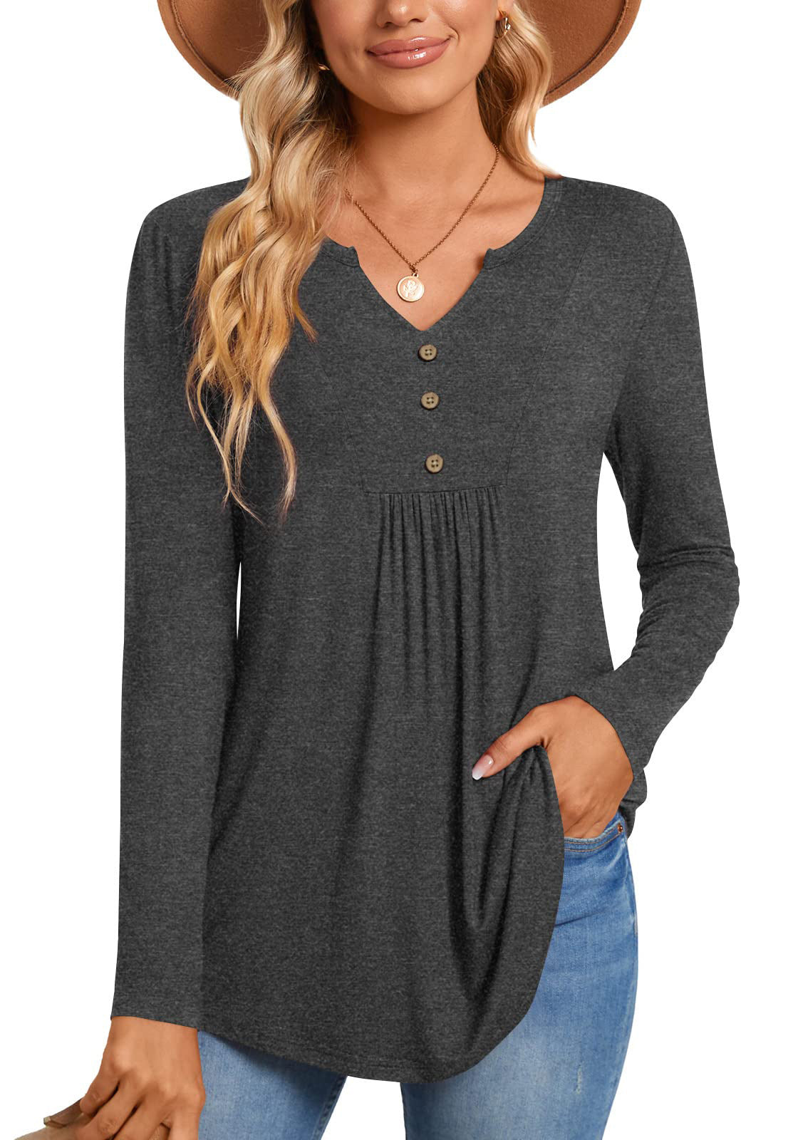 Variant image for Herr Långärmad T-shirt V-hals Knapp Detalj Polyester-6