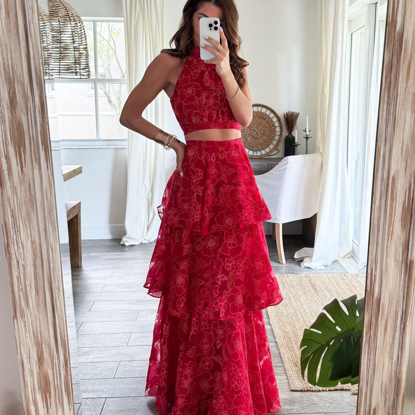 Dam Tvådelat Set Halterneck Asymmetrisk Kjol Kvalitetstyg för Sommarkläder-2