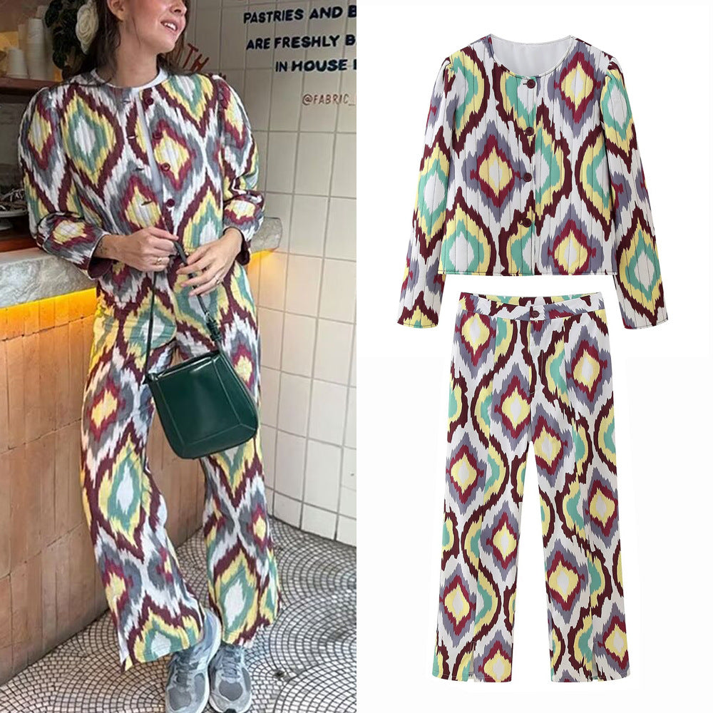 Kvinnors Avslappnad Kappa och Långa Byxor Diamantmönster Polyester-2