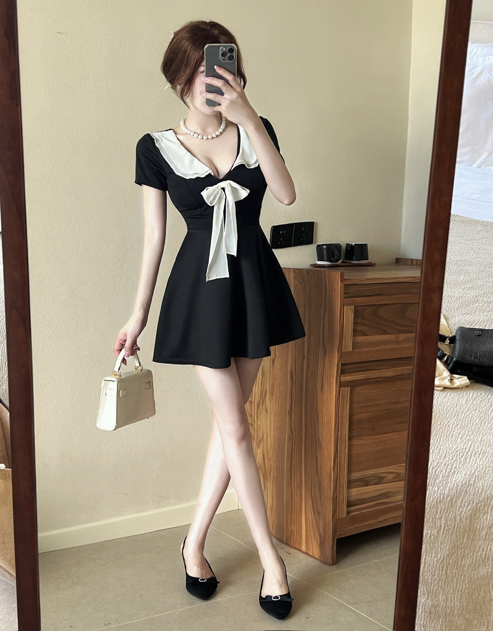 Damklänning V-hals Kortärmad Sydd Midja Lätt Polyester-4