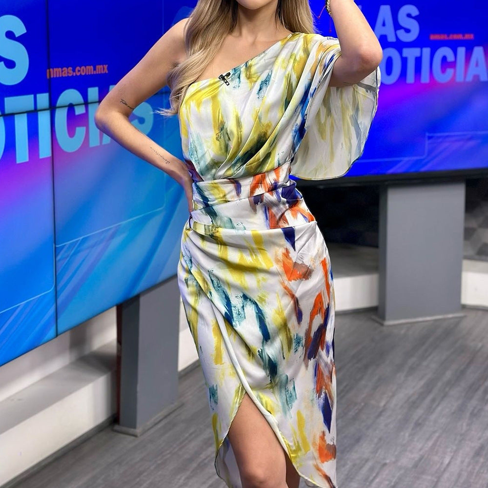 Kvinna Midi Klänning Asymmetrisk Polyester Blommönster-3