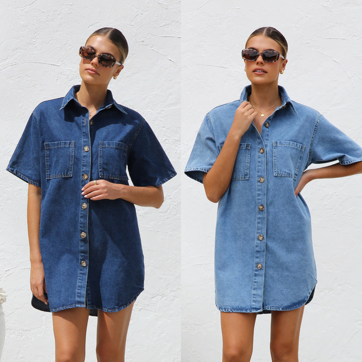 Dam Klänning Kortärmad A-linjeformad Denim-2