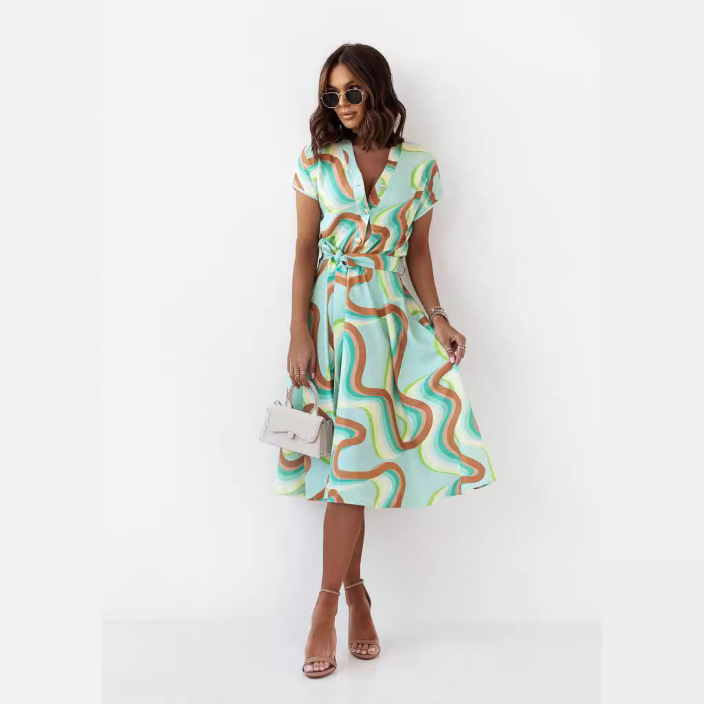 Kvinnors MIDI-klänning A-linjeformad Polyester med Kort Ärmar och Tryckt Mönster-4