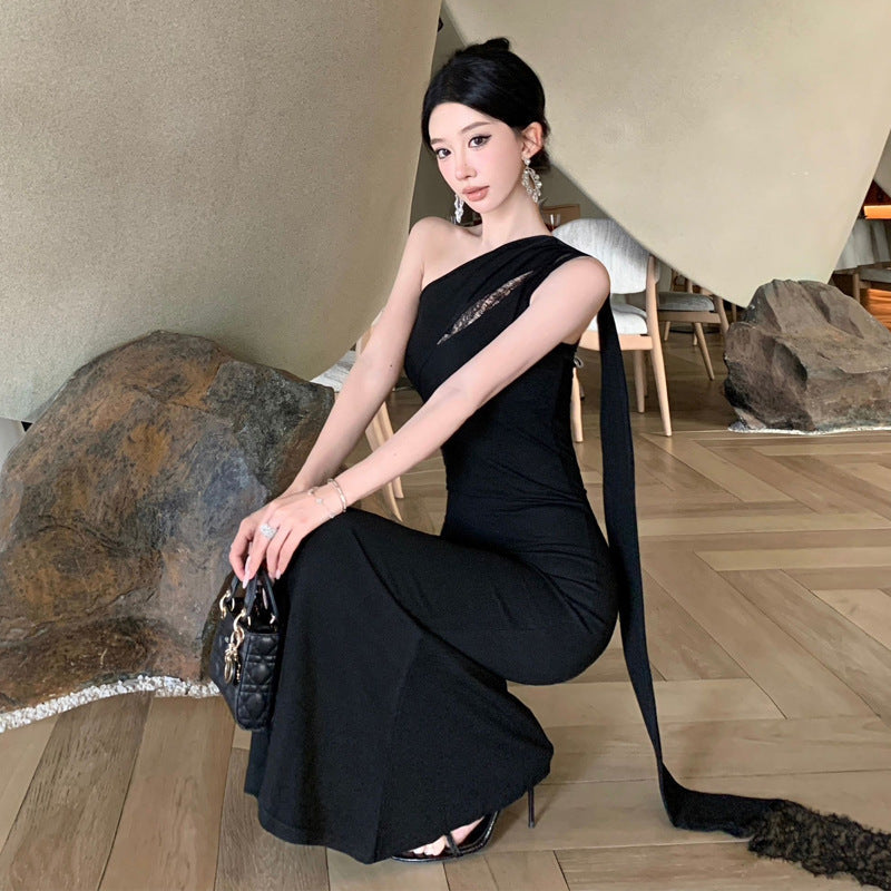 Dam Klänning Asymmetrisk Off-Shoulder Patchwork Lång Polyester-4