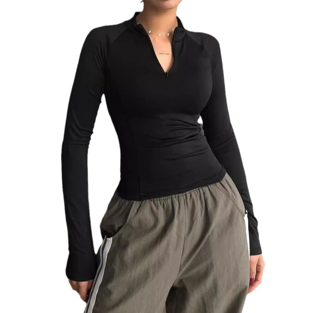 Dam Kort Topp Halvöppen Krage Polyester Långärmad-5