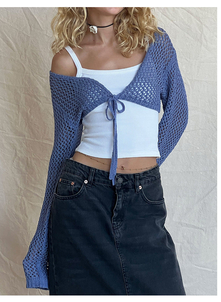 Dam Kort Cardigan med Snörning i Mjuk Akryl-Bomull-4