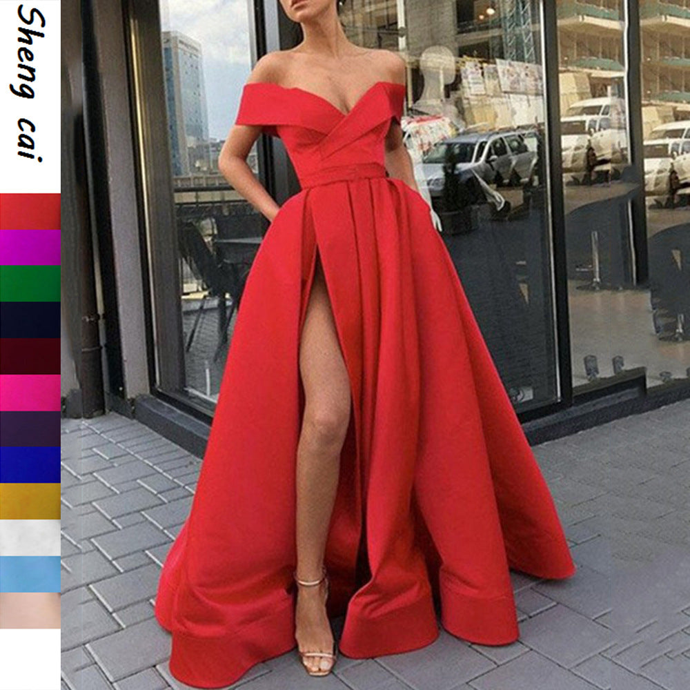 Kvinnors Off-Shoulder Klänning Djup V-ringning Satin Kort Kjol-3
