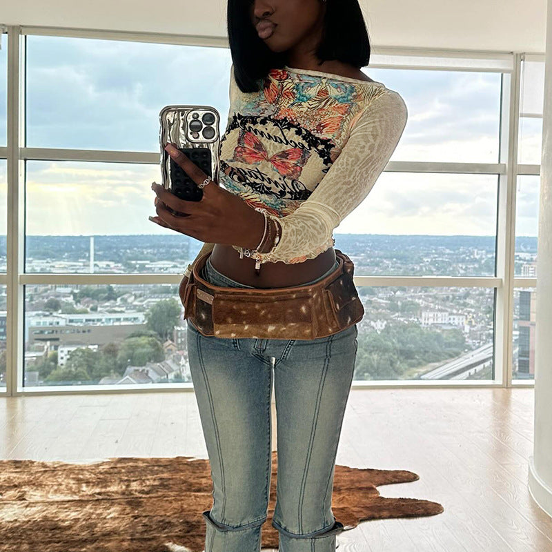 Kvinnors Långärmad Topp Blommig Vintage Spets Elastisk Tyg-4