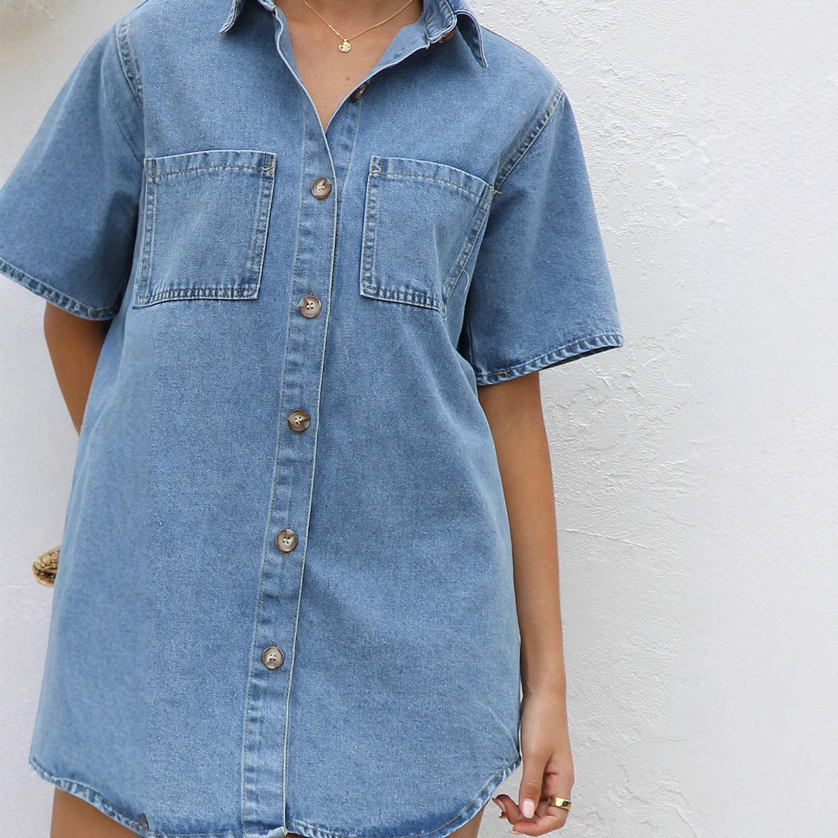Dam Klänning Kortärmad A-linjeformad Denim-5