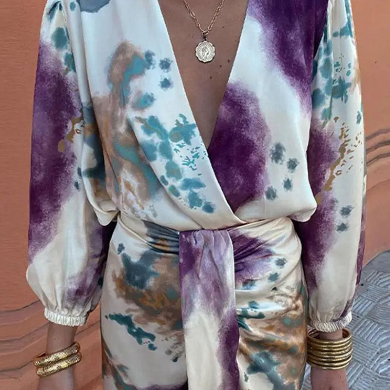 Dam Tvådelad Uppsättning V-ringning Långärmad Polyester Midirock-4