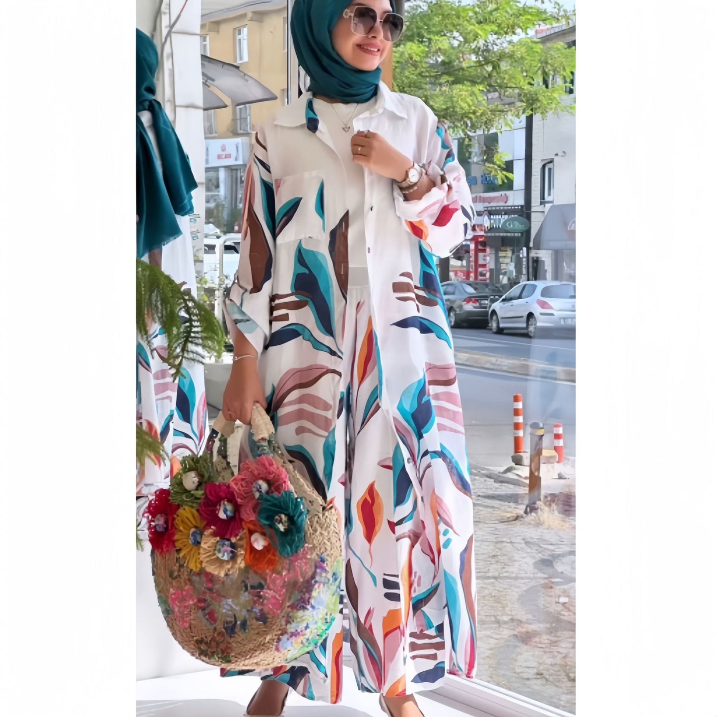 Dam Set Lång Cardigan Vida Byxor Bomull Linne-2